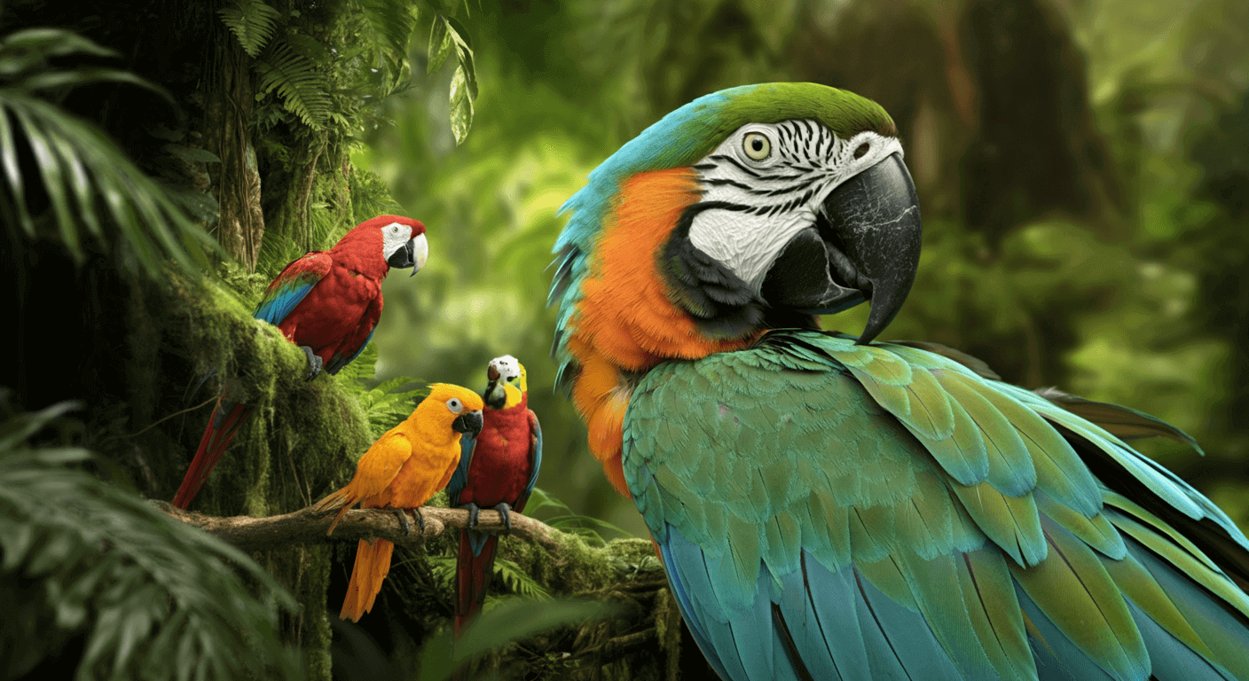 Colorful parrots perched on branches in a lush green forest, showcasing their vibrant plumage and natural habitat.