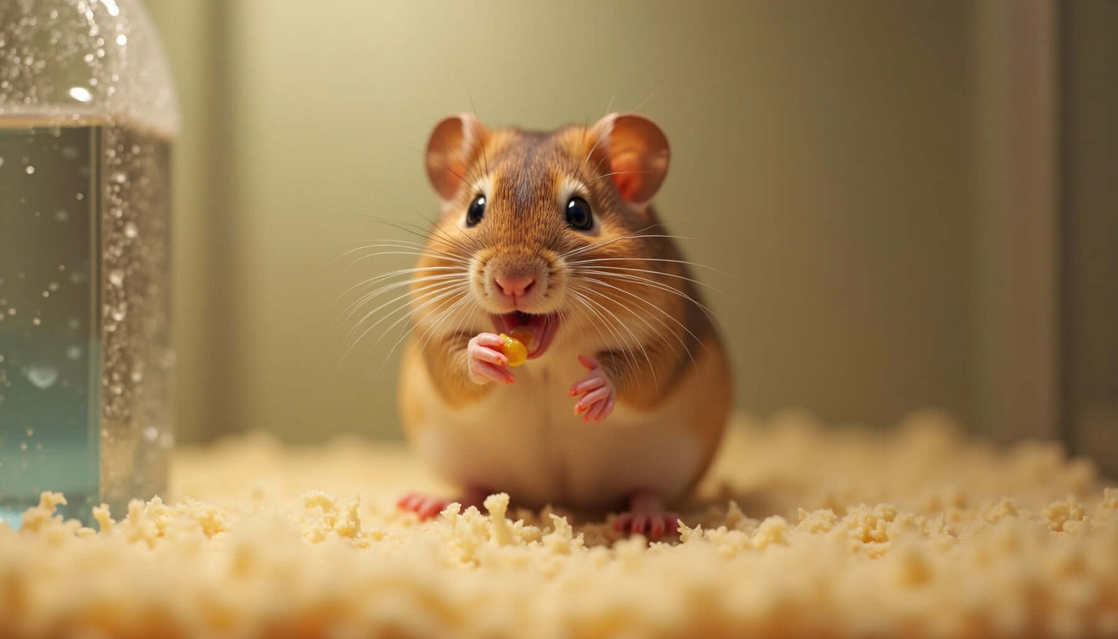 Cute gerbil munching on a treat in its habitat, surrounded by bedding and water bottle.