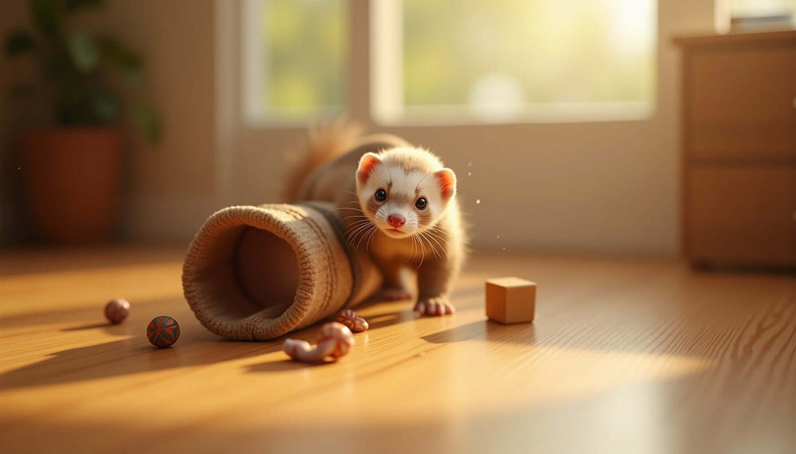 A playful ferret exploring a cozy tunnel toy surrounded by enrichment toys on a wooden floor.