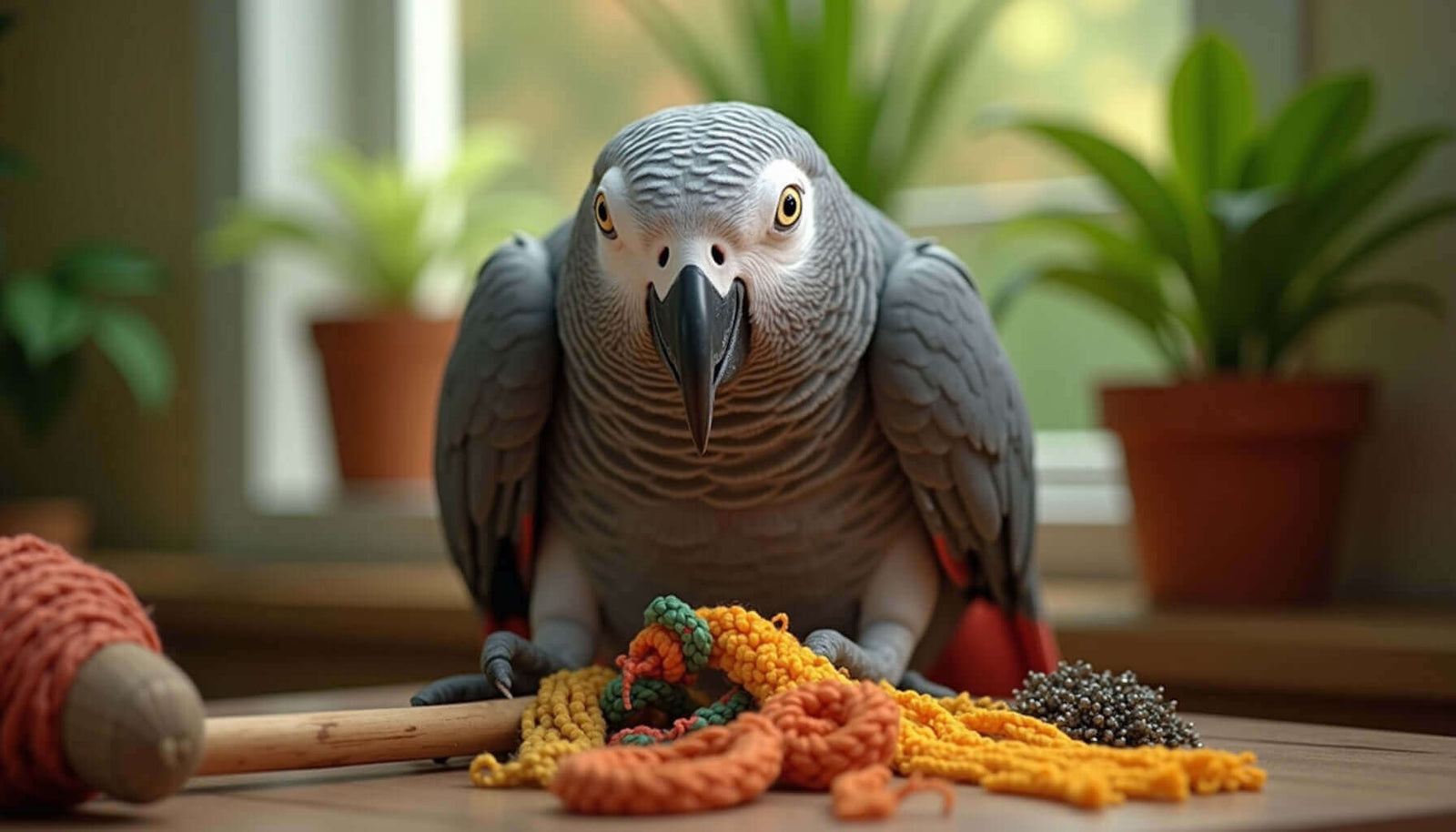 An African Grey Parrot surrounded by colorful toys and foraging materials on a table.