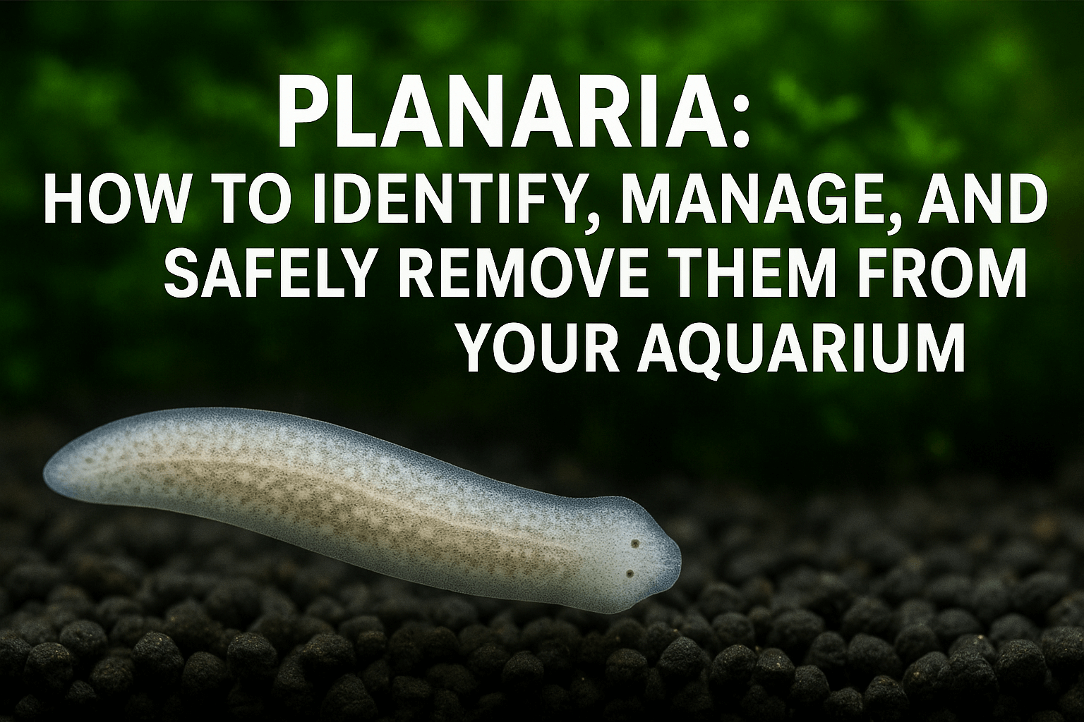 Planaria flatworm on gravel background with text on identifying and managing aquarium pests.