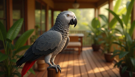 African Grey Parrot perched outdoors, showcasing vivid plumage and natural habitat.