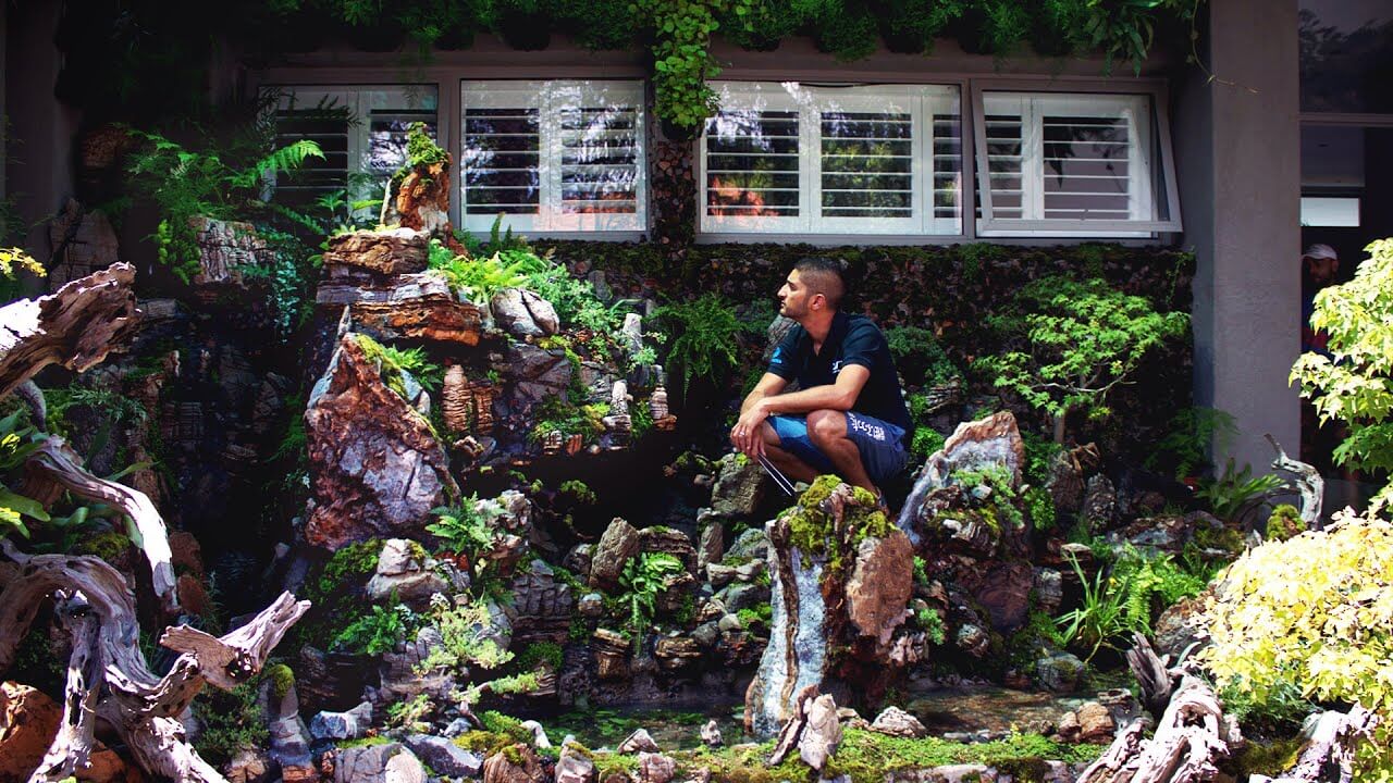 Hiten Goolab admiring a stunning aquascape with lush greenery and rocky features in South Africa.