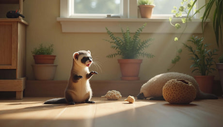 A playful ferret in a sunlit room surrounded by plants and toys, showcasing ideal ferret care and environment.