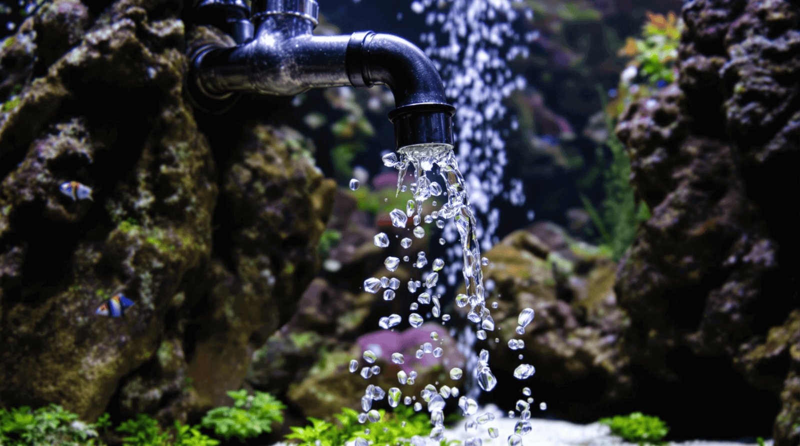 Water flowing from a faucet into an aquarium, showcasing bubbles and aquatic plants in a vibrant fish tank.