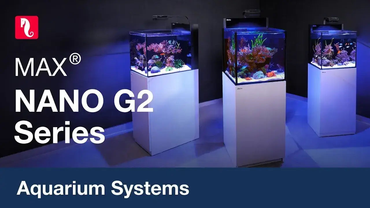 Three MAX® NANO G2 Series aquariums displaying vibrant reef life in a modern setting.