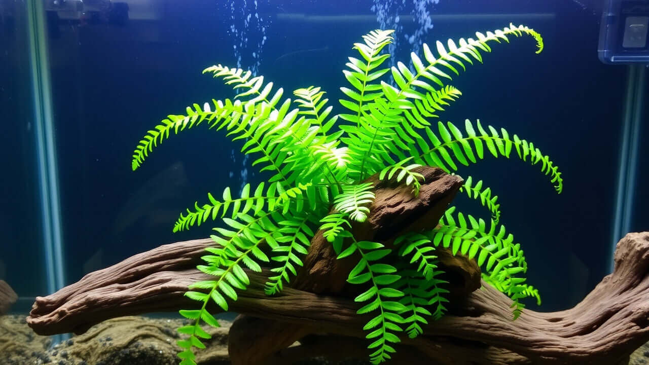 Java Fern plant thriving on driftwood in a freshwater aquarium, showcasing vibrant green leaves and easy care.