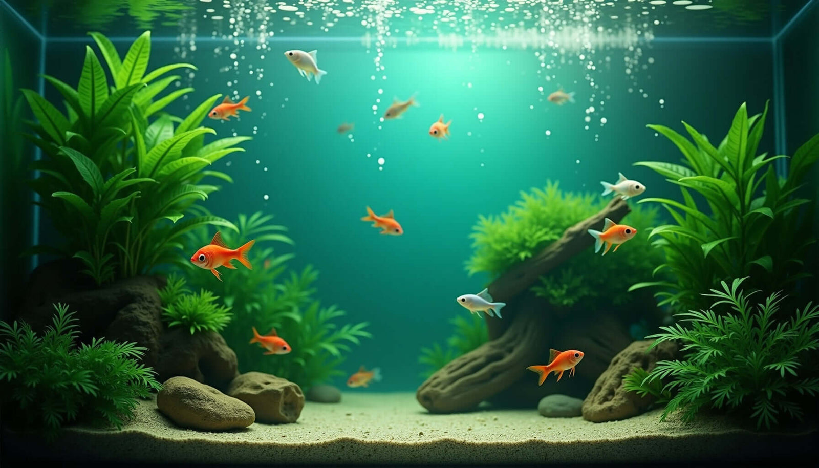 Vibrant aquarium scene with colorful fish swimming among lush aquatic plants and rocks.