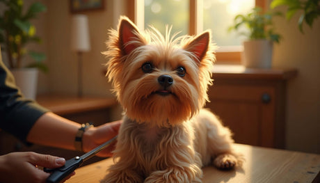 Yorkshire Terrier getting a grooming haircut with scissors in a well-lit room.