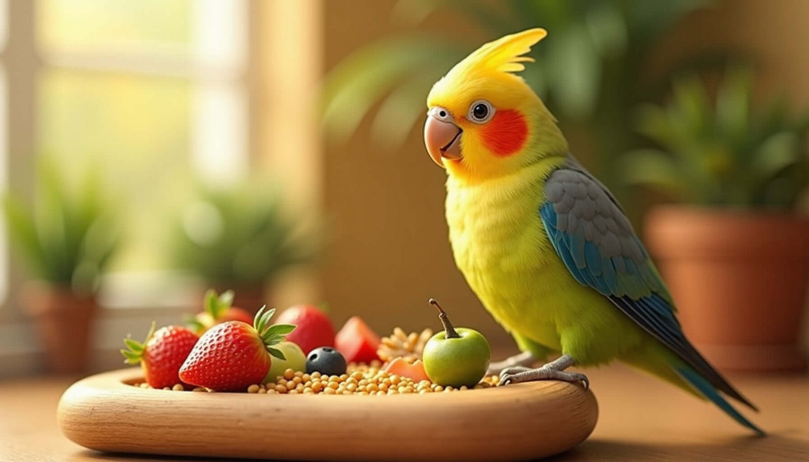 Colorful cockatiel perched beside a bowl of fresh fruits and seeds, promoting a healthy diet for birds.