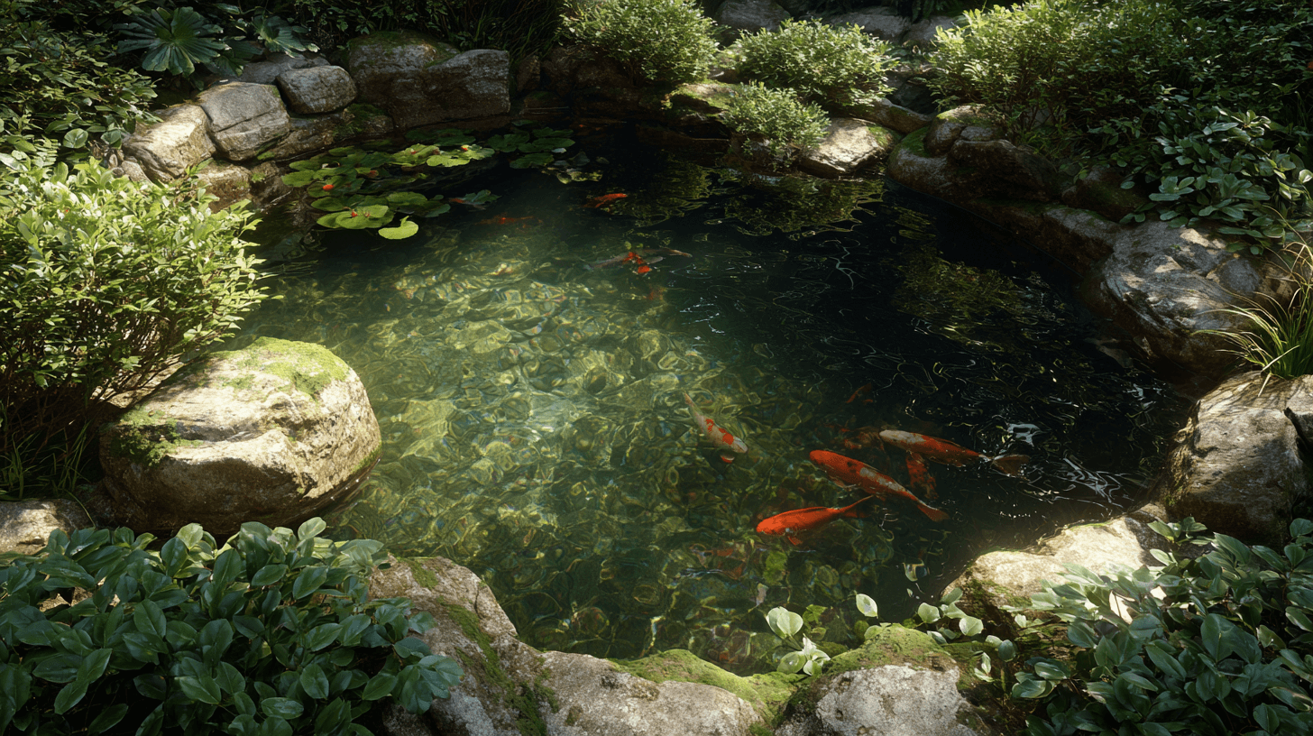 Clear pond with koi fish surrounded by rocks and lush greenery, illustrating a healthy aquatic ecosystem.