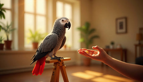 African Grey Parrot perched on easel, with a hand offering a treat in a bright, cozy interior.