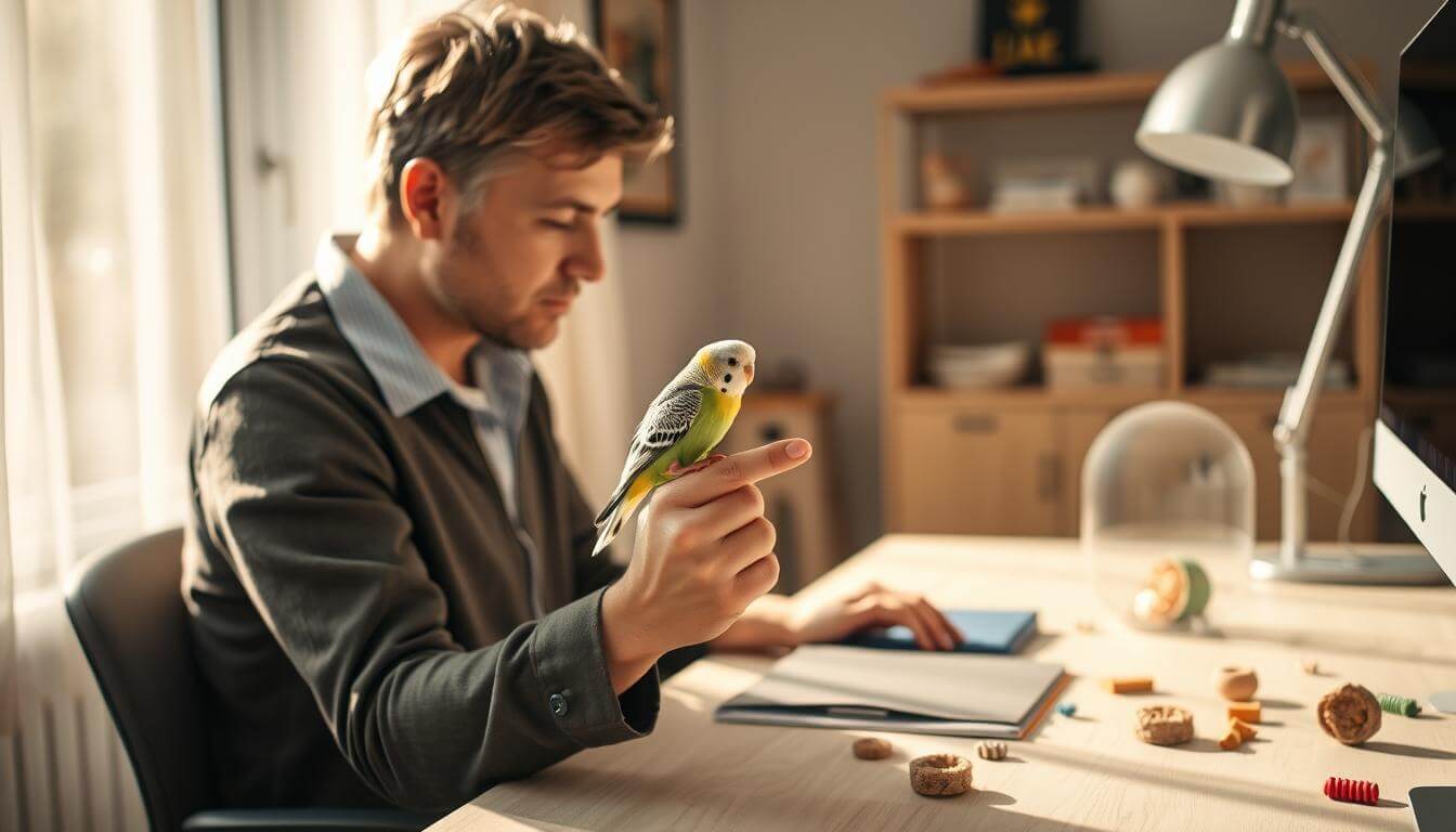 A man with a budgie on his finger, enjoying a bonding moment while sitting at a desk.
