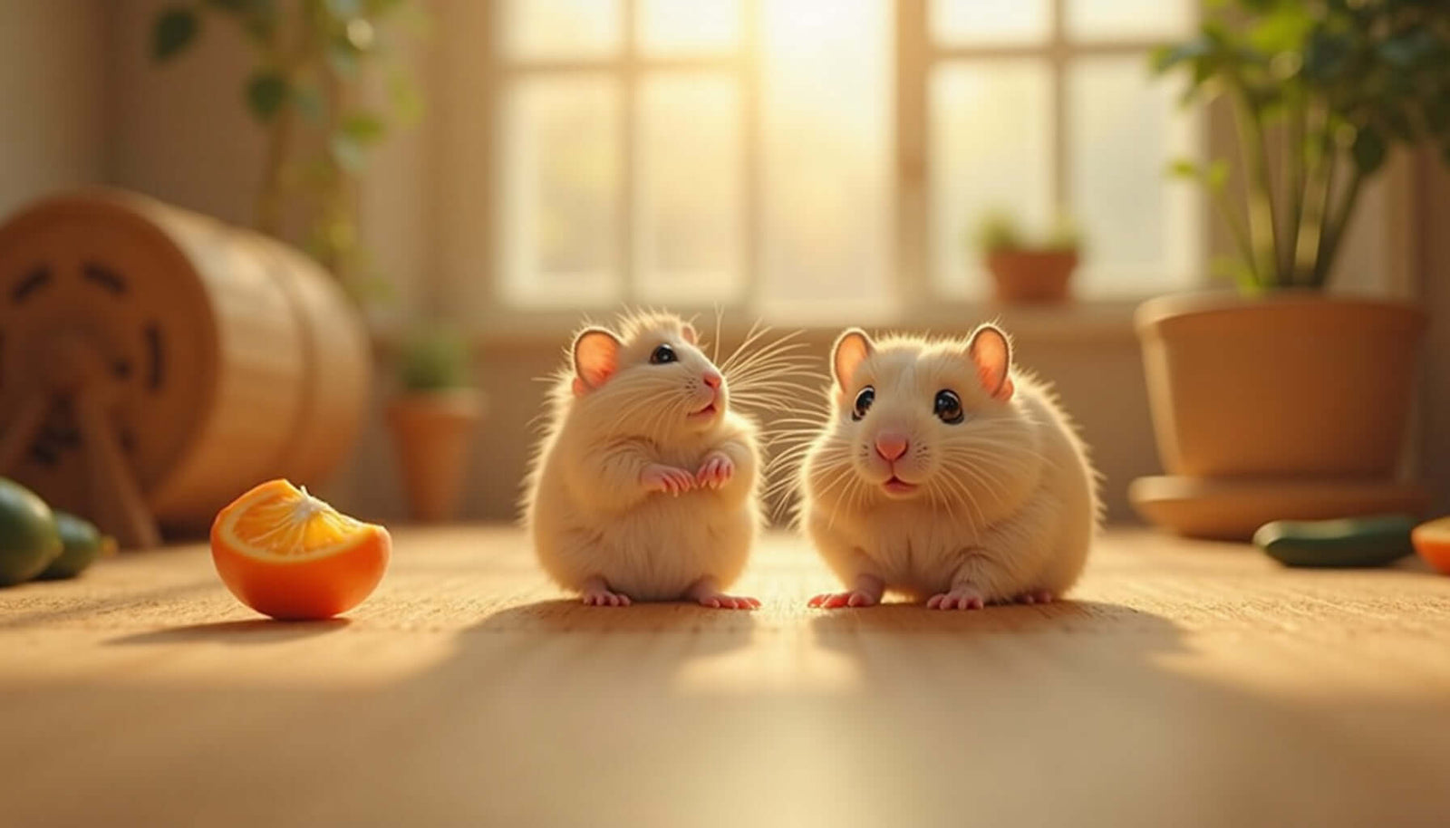 Two cute hamsters sitting together on a wooden surface, surrounded by fruits and plants in a cozy setting.