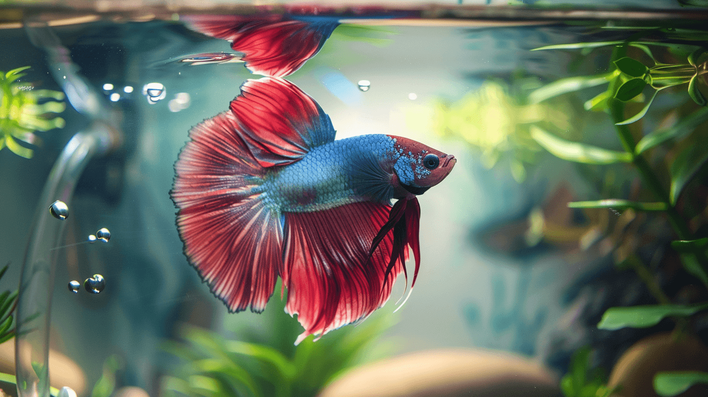 Vibrant betta fish swimming in a lush aquarium with aquatic plants, showcasing its colorful fins.