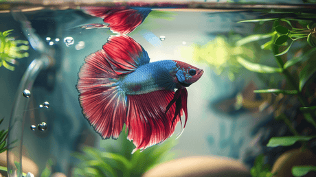 Vibrant betta fish swimming in a lush aquarium with aquatic plants, showcasing its colorful fins.