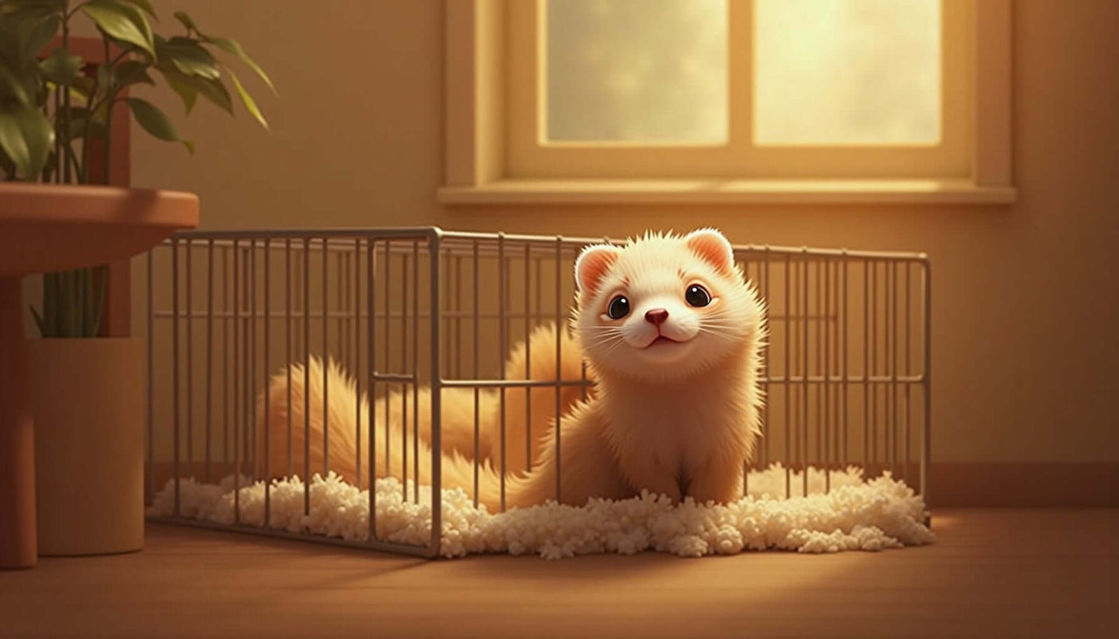 Cute ferret in a cozy cage, highlighting ideal housing for pet care.
