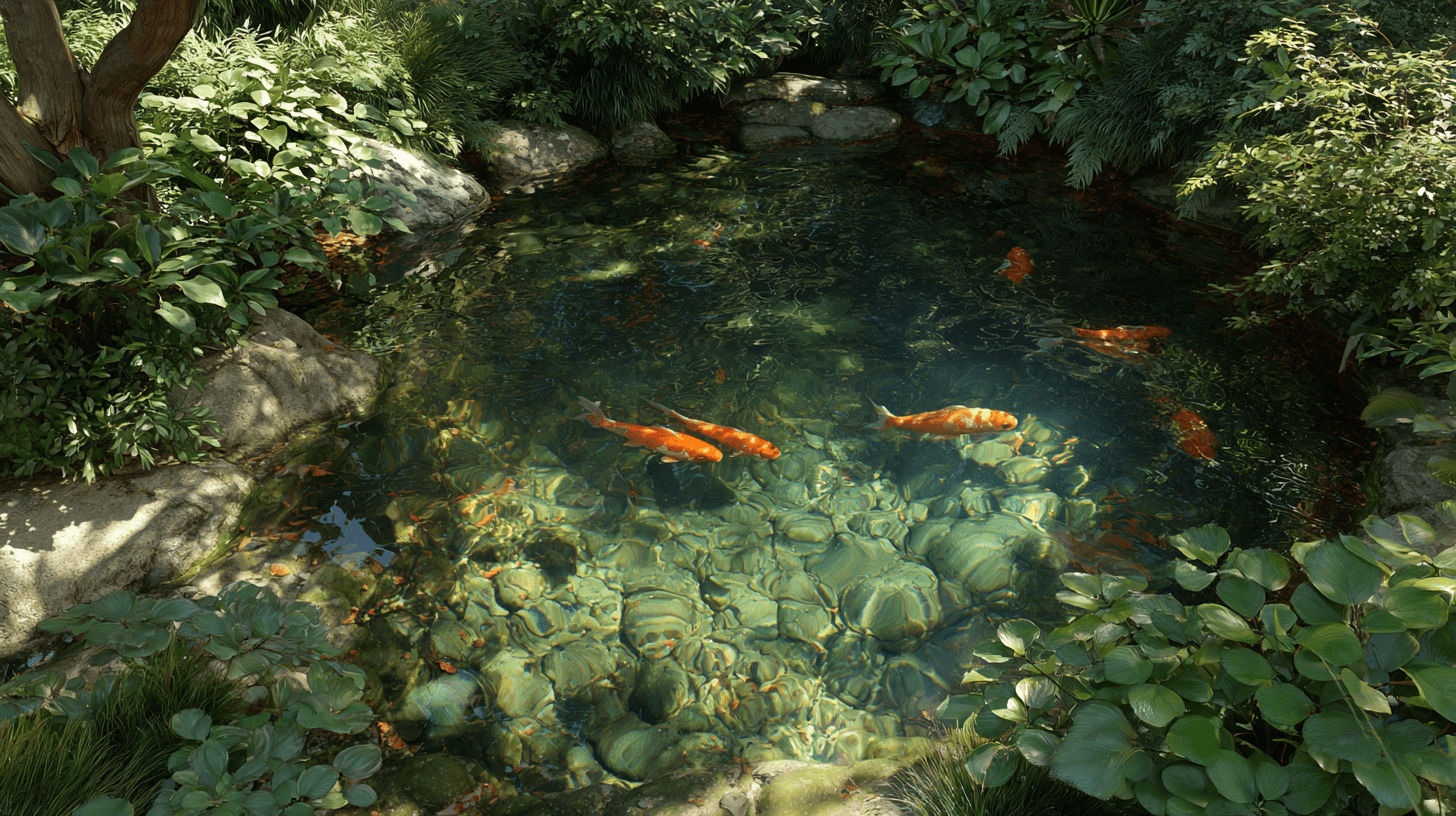A tranquil pond with clear water and koi fish swimming among green lily pads and rocks, surrounded by lush greenery.