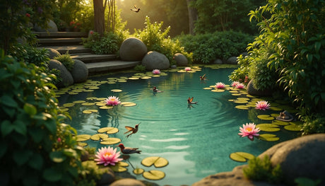 Tranquil natural pond with lily pads and pink water lilies, surrounded by lush greenery and soft sunlight.