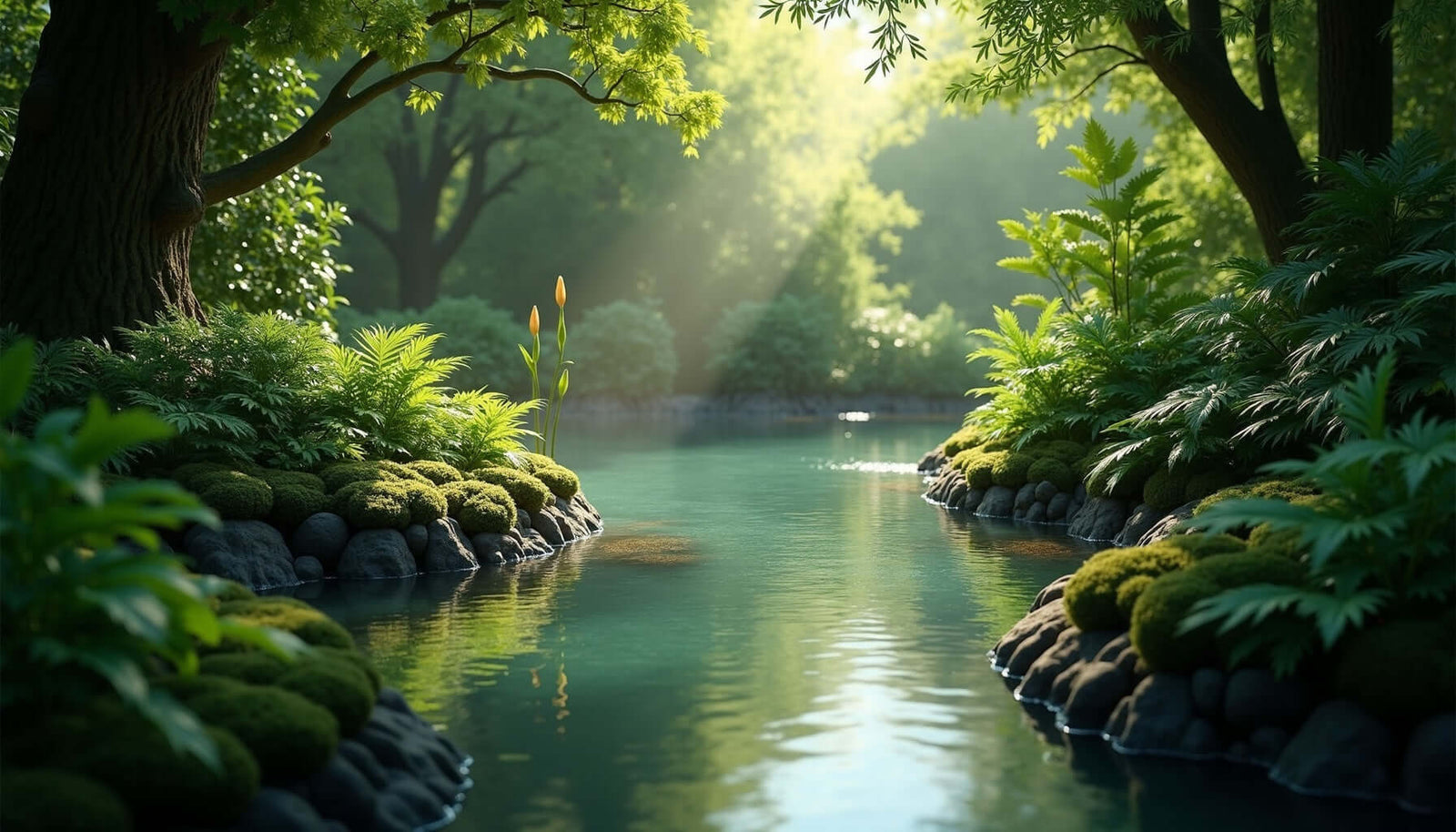 Lush greenery surrounds a serene pond, showcasing natural shade plants for a tranquil garden setting.