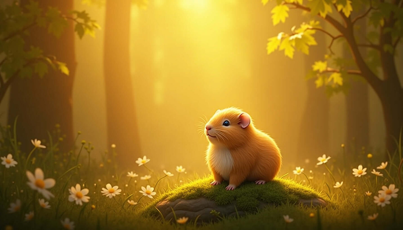 A gentle guinea pig resting on a mossy rock surrounded by flowers in a sunlit forest, symbolizing nurturing and joy.