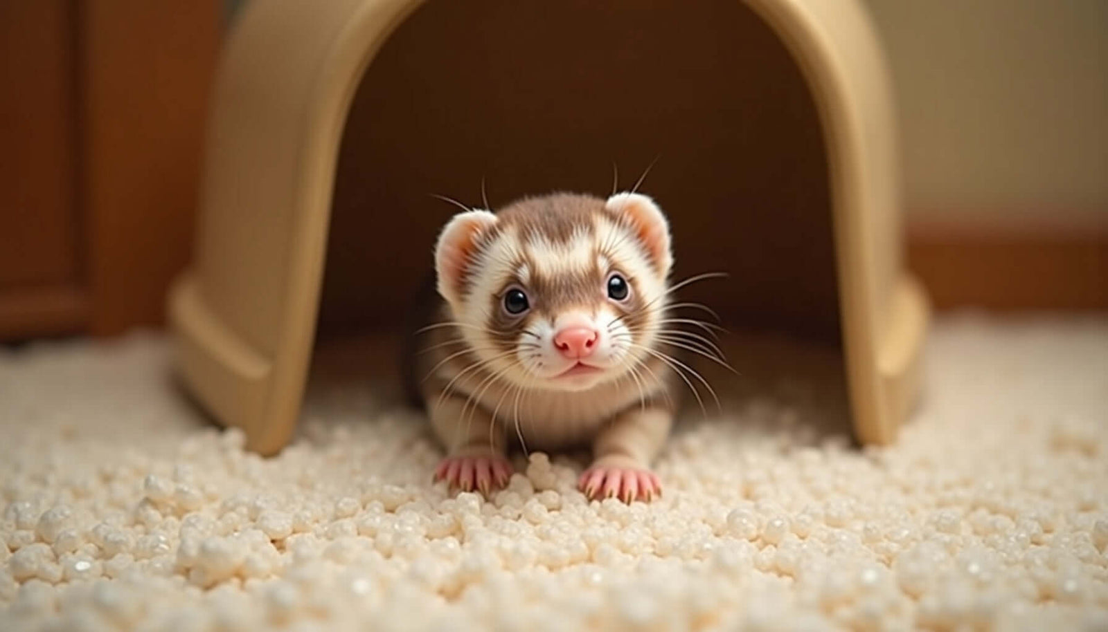 A curious ferret peeking out from a litter box, surrounded by litter pellets, ready for training.