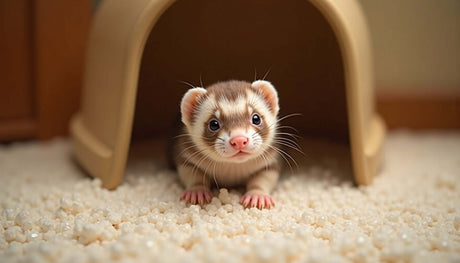 A curious ferret peeking out from a litter box, surrounded by litter pellets, ready for training.