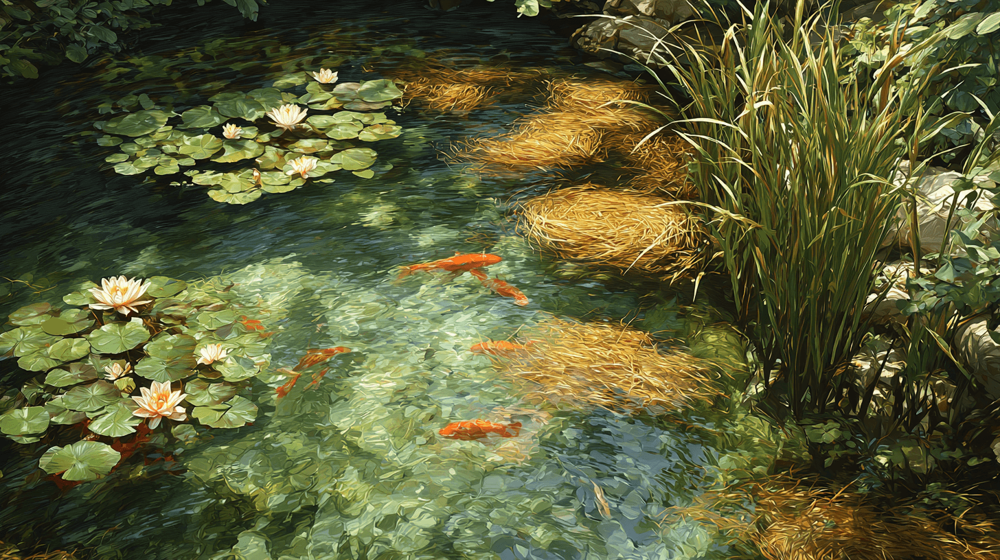A serene pond scene with koi fish, lily pads, and barley straw for natural algae control.