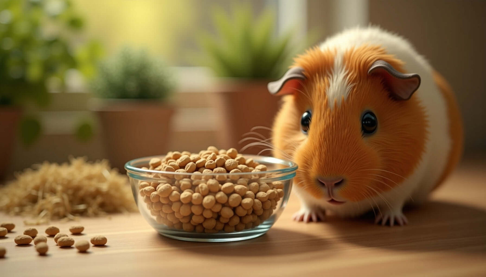 Adorable guinea pig next to a bowl of pellet food, highlighting healthy nutrition for small pets.