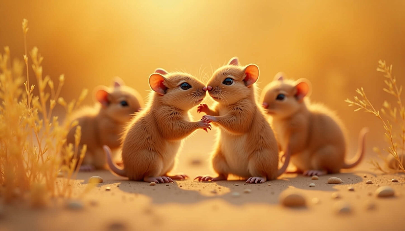 Four adorable gerbils interact playfully in a warm, golden environment, showcasing their social behavior.