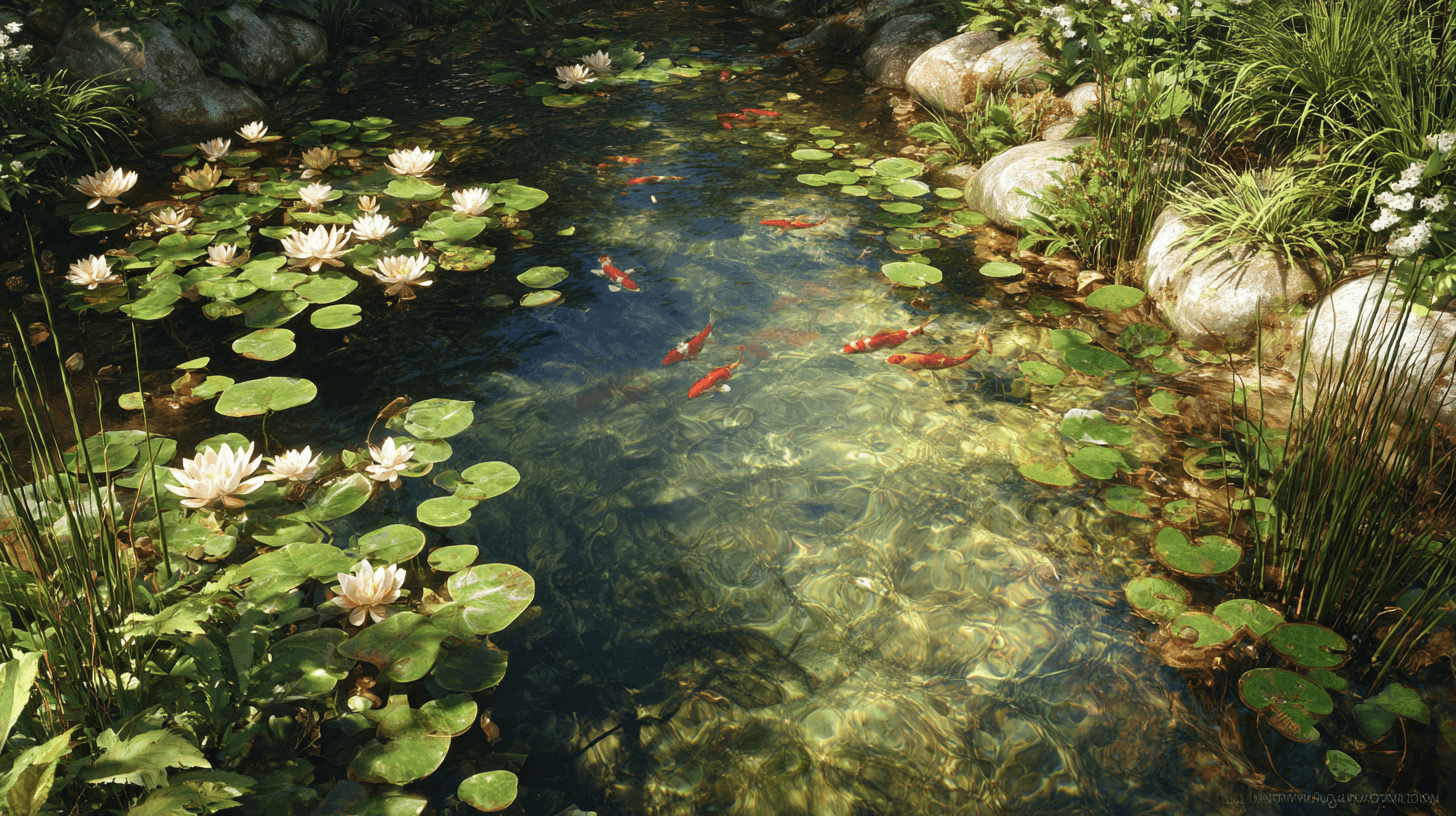 Serene garden pond with lily pads, water lilies, and goldfish swimming in clear water.