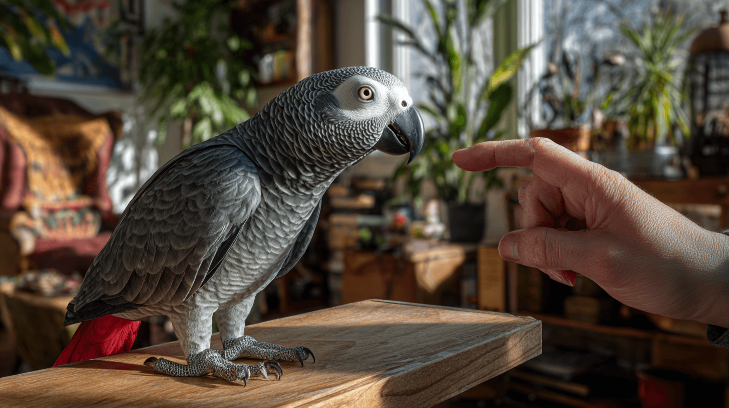 A close-up of an African Grey Parrot engaging with a human hand, showcasing interactive training in a cozy environment.