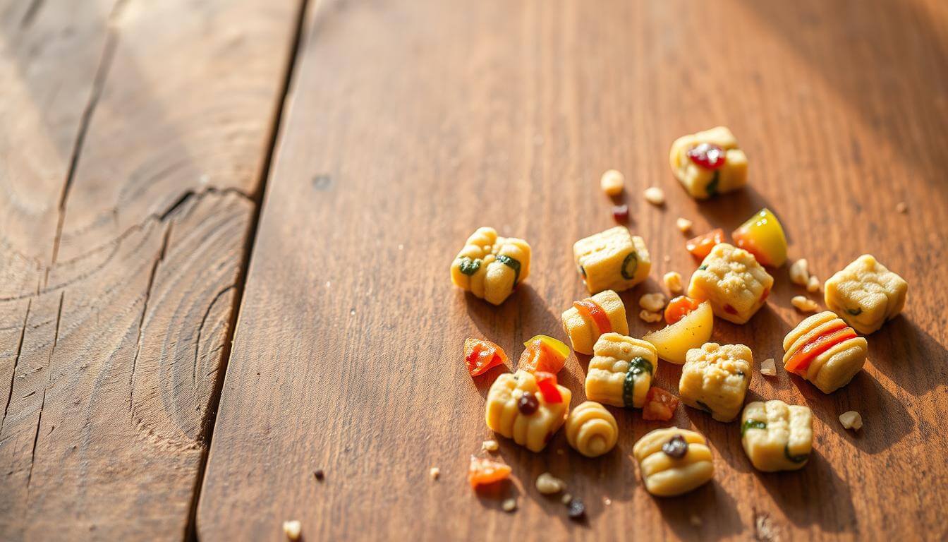 Colorful homemade hamster treats arranged on a wooden surface, showcasing healthy snack options.