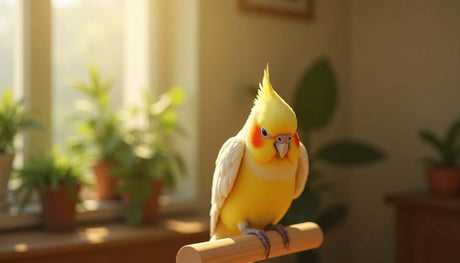 A vibrant yellow cockatiel perched on a wooden stand with plants in the background, showcasing grooming and health.