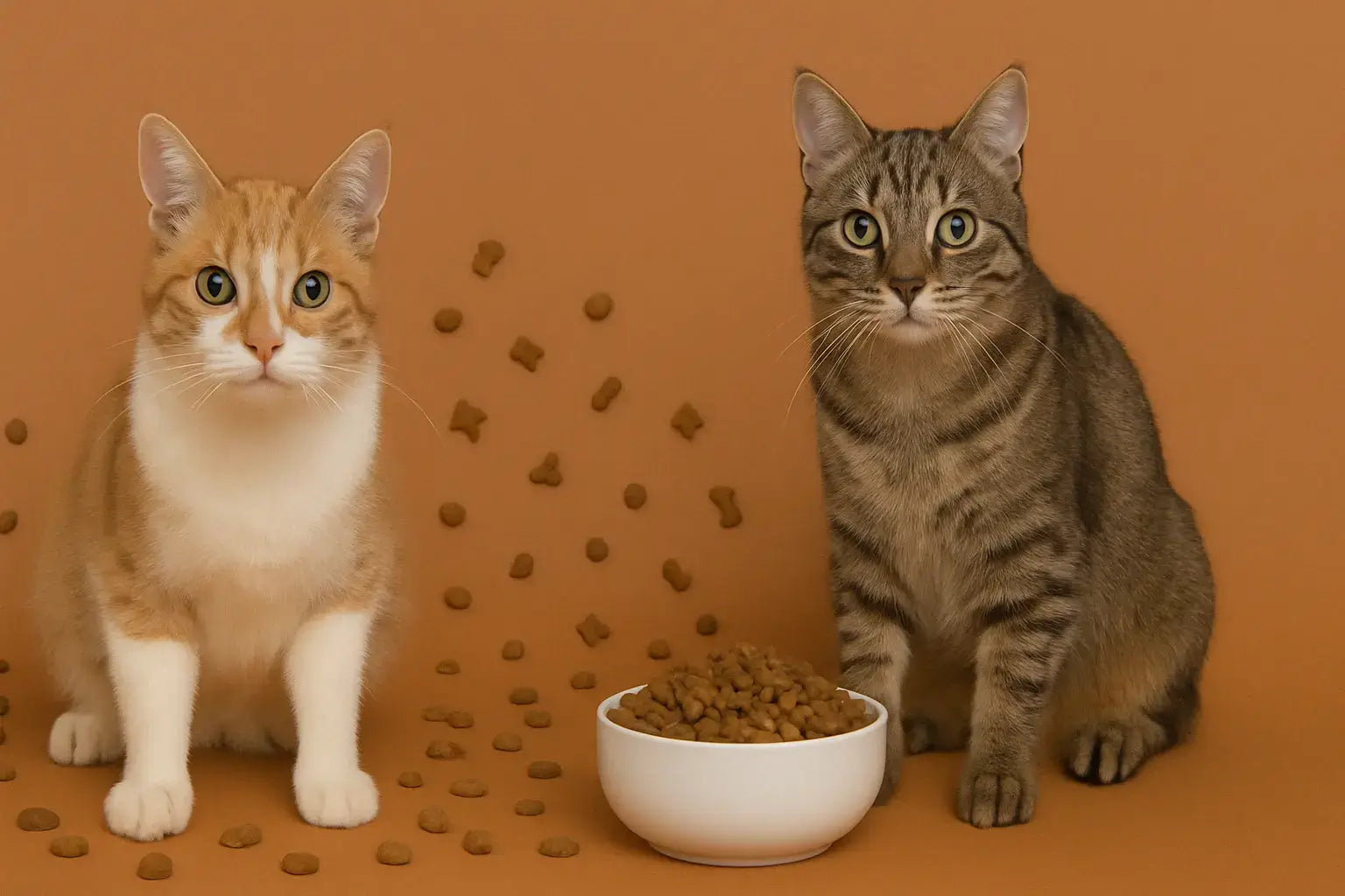 Two cats sitting next to a bowl of cat food on a textured brown background.