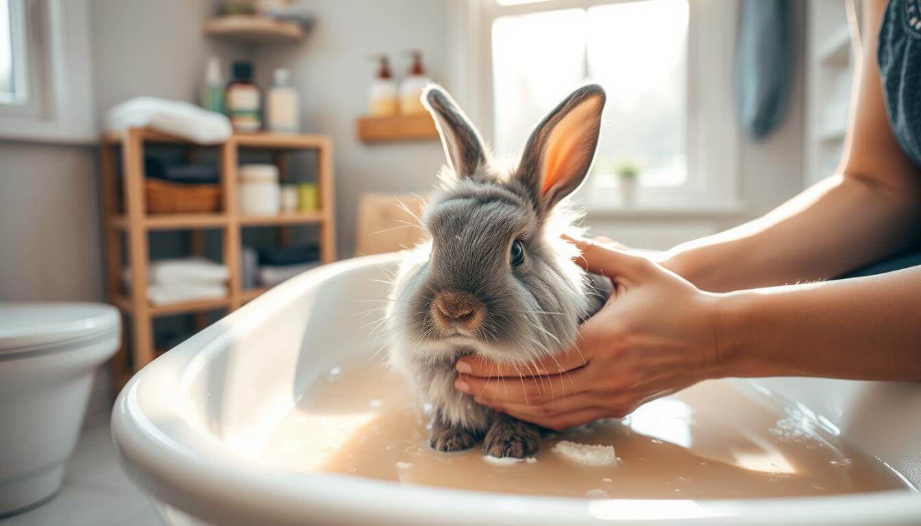 A person gently washing a fluffy rabbit in a bathtub, showcasing proper rabbit grooming techniques.