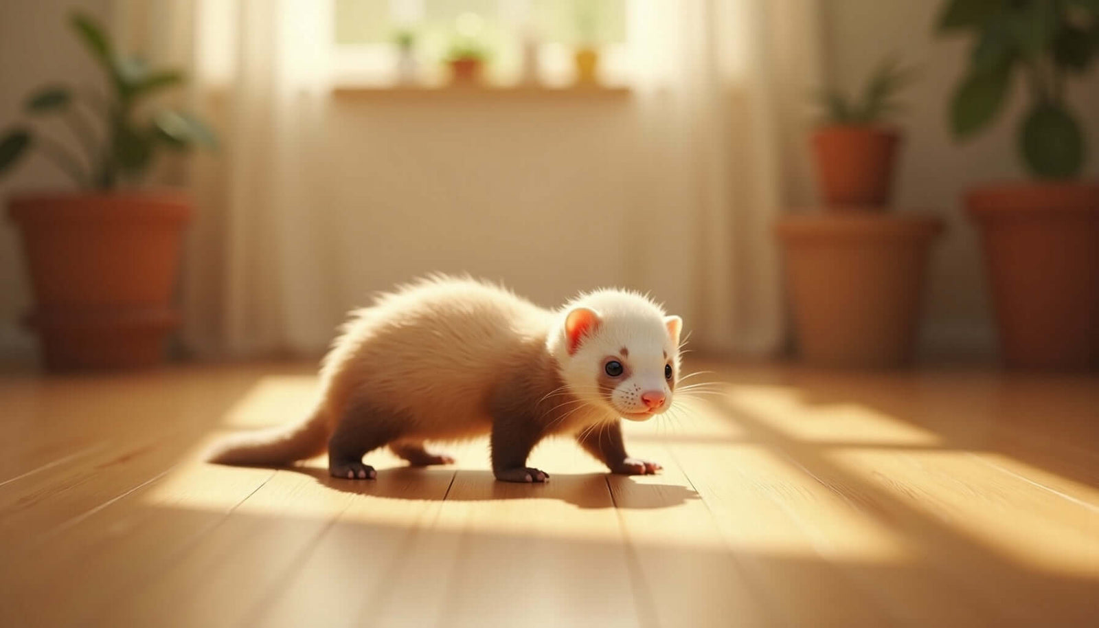 A playful ferret exploring a sunny room with houseplants, emphasizing pet care and odor control.