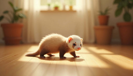 A playful ferret exploring a sunny room with houseplants, emphasizing pet care and odor control.