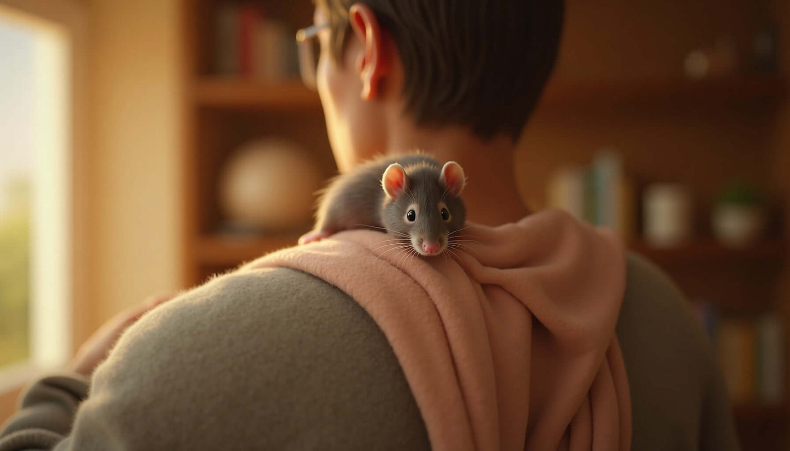 A pet rat perched on the shoulder of a person, showcasing the bond between humans and pet rats.