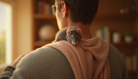 A pet rat perched on the shoulder of a person, showcasing the bond between humans and pet rats.