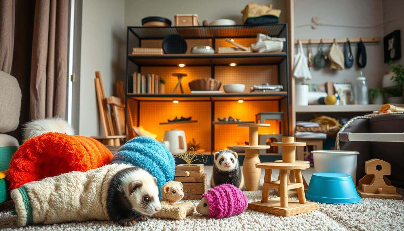 Playful ferrets exploring a cozy living space filled with toys and colorful blankets.