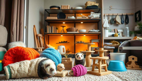 Playful ferrets exploring a cozy living space filled with toys and colorful blankets.