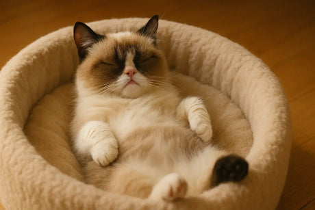 Relaxed cat sleeping on its back in a cozy bed, showcasing a peaceful sleeping position.