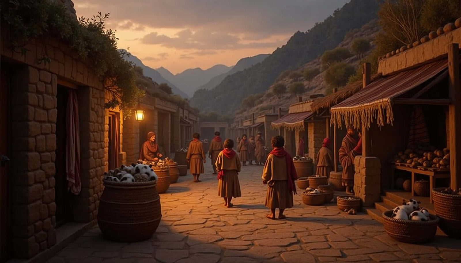 Incan village scene at sunset with people, pottery, and mountainous backdrop, showcasing daily life in ancient Peru.