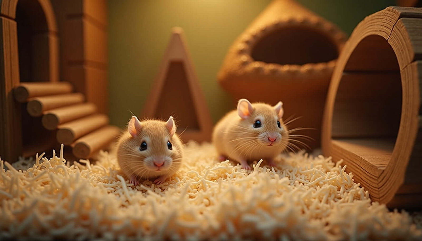 Two playful gerbils exploring their cozy habitat filled with soft bedding and wooden structures.