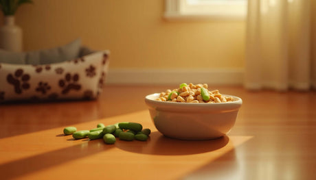 Bowl of dog food with green treats on a sunny floor, perfect for a Pomeranian's healthy diet.