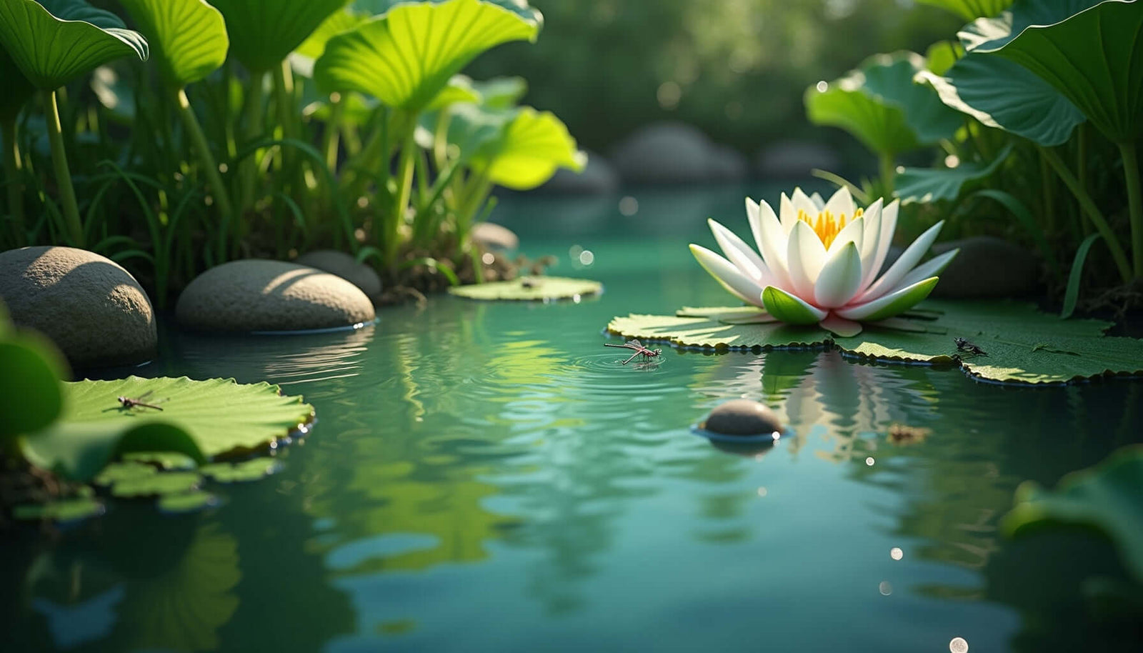 A serene pond scene featuring a water lily surrounded by green leaves and smooth rocks, promoting natural algae control.