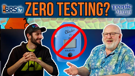 Two reef aquarium experts discuss the importance of testing water quality, featuring a 'zero testing' graphic.