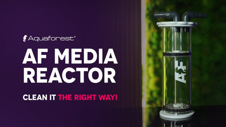 Image of Aquaforest AF Media Reactor with a message on cleaning for optimal aquarium filtration.