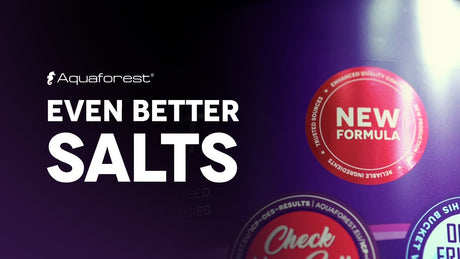 Aquaforest salty product label emphasizing 'Even Better Salts' and 'New Formula' for aquarium care.
